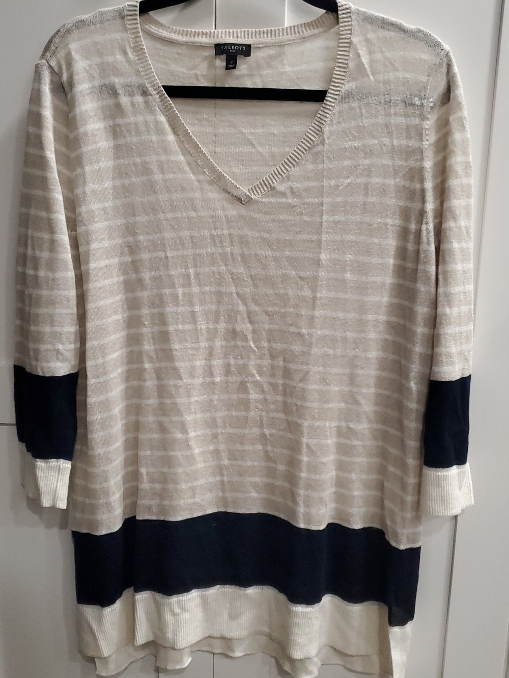 Talbots V-Neck Striped Pullover Sweater in Beige and Navy
